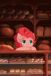 Size: 1280x1920 | Tagged: safe, alternate version, artist:symbianl, pinkie pie, earth pony, pony, :<, bread, female, food, frown, kiki's delivery service, mare, parody, pastry, solo