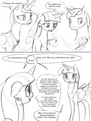 Size: 1280x1707 | Tagged: safe, artist:silfoe, derpibooru import, night light, princess cadance, twilight sparkle, twilight sparkle (alicorn), twilight velvet, alicorn, pony, dialogue, female, grayscale, implied lesbian, implied shipping, implied twiluna, lesbian, mare, monochrome, royal sketchbook, sketch, speech bubble