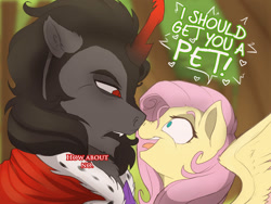 Size: 1000x750 | Tagged: safe, artist:evehly, derpibooru import, fluttershy, king sombra, pegasus, pony, unicorn, boop, dialogue, eye contact, female, frown, heart, how about no, male, nose wrinkle, noseboop, open mouth, shipping, smiling, sombrashy, spread wings, straight, unamused, wide eyes