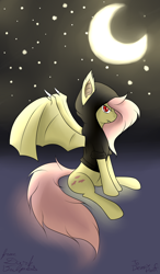 Size: 1400x2400 | Tagged: safe, artist:darkvulpes, fluttershy, bat pony, pony, clothes, crescent moon, flutterbat, hoodie, looking at you, moon, night, race swap, solo