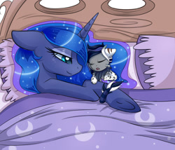 Size: 1600x1368 | Tagged: dead source, safe, artist:magnaluna, derpibooru import, princess luna, oc, oc:kaos lunar, oc:kaos zephyr cheshire lunar, alicorn, hybrid, pony, bed, bedroom eyes, cute, ethereal mane, female, interspecies offspring, mother and child, mother and son, offspring, parent and child, parent:discord, parent:princess luna, parents:lunacord, pillow, sleeping, starry mane, underhoof