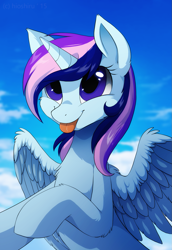 Size: 879x1276 | Tagged: safe, artist:hioshiru, derpibooru import, oc, oc only, alicorn, pony, :p, alicorn oc, cute, fluffy, raised hoof, sky, smiling, solo, spread wings, tongue out