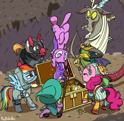Size: 500x488 | Tagged: safe, artist:foudubulbe, big macintosh, discord, pinkie pie, rainbow dash, screwball, spike, draconequus, dragon, earth pony, pegasus, pony, unicorn, dungeons and discords, armor, arrow, bard, bard pie, belt, bow (weapon), bow and arrow, captain wuzz, cave, clothes, dungeons and dragons, eyes closed, fantasy class, garbuncle, hat, key, male, ogres and oubliettes, open mouth, pants, race swap, rainbow rogue, rogue, roleplaying, sir mcbiggen, staff, stallion, treasure chest, unicorn big mac, upside down, wizard hat