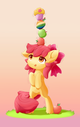 Size: 1050x1650 | Tagged: safe, artist:symbianl, apple bloom, earth pony, pony, adorabloom, apple, balancing, bipedal, bow, cheek fluff, cute, ear down, ear fluff, female, filly, food, gradient background, green apple, hair bow, hooves to the chest, leg fluff, muffin, neck fluff, solo, tongue out, zap apple