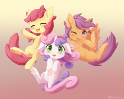 Size: 1875x1500 | Tagged: safe, artist:symbianl, apple bloom, scootaloo, sweetie belle, earth pony, pegasus, pony, unicorn, :3, adorabloom, blushing, cheek fluff, chest fluff, cute, cutealoo, cutie mark crusaders, diasweetes, digital art, ear fluff, eyes closed, female, filly, floppy ears, fluffy, gradient background, happy, hoof fluff, hooves to the chest, leg fluff, looking at you, one eye closed, open mouth, smiling, trio, underhoof, wink
