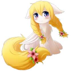 Size: 535x535 | Tagged: safe, artist:symbianl, oc, oc only, oc:lai chi, bat pony, pony, bat pony oc, braid, female, floppy ears, flower, flower in hair, looking at you, mare, simple background, sitting, smiling, smiling at you, solo, transparent background, twin braids