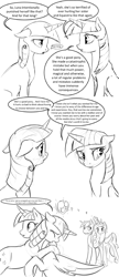 Size: 1280x2963 | Tagged: safe, artist:silfoe, derpibooru import, princess cadance, shining armor, twilight sparkle, twilight sparkle (alicorn), twilight velvet, alicorn, pony, unicorn, crying, dialogue, eye contact, female, floppy ears, frown, grayscale, heart, hug, lesbian, looking away, love magic, magic, mare, misspelling, monochrome, mother and child, mother and daughter, open mouth, parent and child, power of love, raised hoof, royal sketchbook, shipping, smiling, speech bubble, twiluna, wide eyes