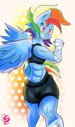 Size: 1142x1920 | Tagged: safe, artist:burnt-sprinkles, derpibooru import, rainbow dash, anthro, abs, bandaid, belly button, clothes, midriff, muscles, rainbuff dash, solo, sports bra, sweat, taped fists, workout, workout outfit