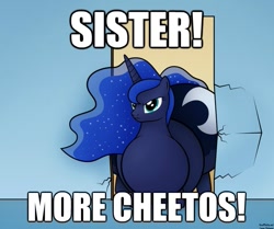 Size: 621x520 | Tagged: safe, artist:jesseorange, edit, princess luna, alicorn, pony, angry, belly, caption, cheetos, fat, female, greatest internet moments, huge butt, image macro, impossibly large butt, large butt, mare, meme, missing accessory, moonbutt, morbidly obese, obese, plot, princess moonpig, solo, stuck, text, the ass is monstrously oversized for tight entrance, wall