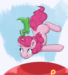 Size: 1250x1375 | Tagged: safe, artist:alasou, derpibooru import, gummy, pinkie pie, earth pony, pony, bouncing, patreon, patreon logo, smiling