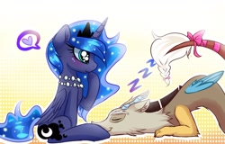 Size: 1600x1027 | Tagged: dead source, safe, artist:magnaluna, derpibooru import, discord, princess luna, alicorn, pony, abstract background, bow, female, heart, lunacord, lying down, male, necklace, shipping, sitting, sleeping, straight, tail bow, zzz