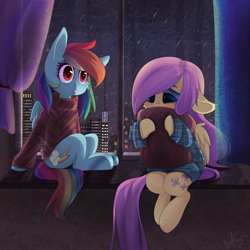 Size: 1500x1500 | Tagged: safe, artist:gnidagovnida, fluttershy, rainbow dash, pegasus, pony, backwards cutie mark, blushing, bottomless, clothes, female, flutterdash, lesbian, mare, partial nudity, shipping, sweater, sweatershy