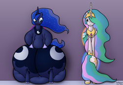 Size: 1280x890 | Tagged: safe, artist:jesseorange, princess celestia, princess luna, alicorn, pony, series:absurdly huge luna's life, fat, impossibly large butt, moonbutt, morbidly obese, obese, plot, portal, portals, princess moonpig, stuck