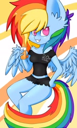 Size: 1231x2041 | Tagged: safe, artist:teranen, derpibooru import, rainbow dash, anthro, clothes, drink, glass, grin, looking at you, no pupils, shorts, solo, spread wings, tanktop