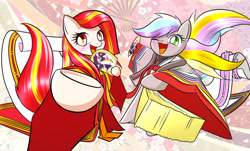 Size: 1280x774 | Tagged: safe, artist:phoenixperegrine, oc, oc only, oc:poniko, oc:rokuchan, blushing, clothes, happy, japan ponycon, kimono (clothing)