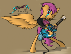 Size: 832x640 | Tagged: safe, artist:sinrar, derpibooru import, scootaloo, anthro, unguligrade anthro, breasts, electric guitar, erect nipples, face paint, guitar, nipple outline, older, solo, underboob