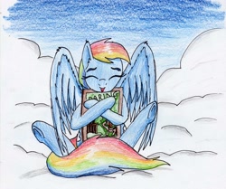 Size: 2392x2003 | Tagged: safe, artist:40kponyguy, derpibooru exclusive, rainbow dash, pegasus, pony, 30 minute art challenge, book, cloud, eyes closed, laughing, solo, spread wings, traditional art, underhoof