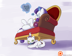 Size: 2000x1550 | Tagged: safe, artist:alasou, derpibooru import, opalescence, rarity, pony, unicorn, chocolate, fainting couch, female, glowing horn, levitation, lying down, magic, mare, on back, patreon, patreon logo, simple background, telekinesis