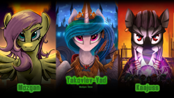 Size: 2480x1395 | Tagged: safe, artist:mozgan, artist:rublegun, artist:yakovlev-vad, derpibooru import, fluttershy, princess celestia, oc, alicorn, pegasus, pony, zebra, armor, magic, triptych