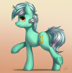 Size: 1369x1388 | Tagged: safe, artist:deltauraart, lyra heartstrings, pony, unicorn, background pony, female, frog (hoof), gradient background, looking at you, mare, pose, raised hoof, raised leg, smiling, solo, underhoof