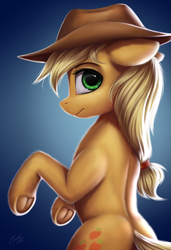 Size: 826x1207 | Tagged: safe, artist:deltauraart, applejack, earth pony, pony, bipedal, cowboy hat, female, freckles, frog (hoof), hat, hoofbutt, looking back, mare, solo, stetson, underhoof