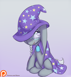 Size: 1100x1200 | Tagged: safe, artist:alasou, derpibooru import, silver spoon, earth pony, pony, accessory theft, cute, female, filly, glasses, patreon, patreon logo, silverbetes, solo, trixie's cape, trixie's hat