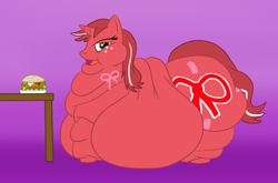 Size: 1100x727 | Tagged: safe, artist:guyfuy, oc, oc only, oc:red ribbon, burger, chubby cheeks, double chin, fat, morbidly obese, obese, ponies eating meat, rolls of fat, solo
