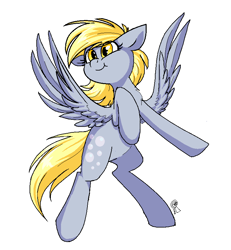 Size: 750x812 | Tagged: safe, artist:cosmalumi, derpy hooves, pegasus, pony, female, happy, mare, rearing, simple background, smiling, solo