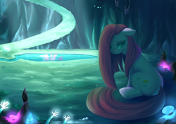 Size: 1200x845 | Tagged: safe, artist:kelsea-chan, pinkie pie, earth pony, pony, cave, cave pool, floppy ears, frown, mirror pool, mushroom, pinkamena diane pie, sitting, solo