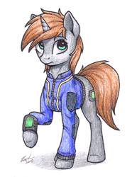 Size: 885x1191 | Tagged: safe, artist:deltauraart, oc, oc:littlepip, pony, unicorn, fallout equestria, clothes, female, mare, pipbuck, raised hoof, shirt, simple background, solo, traditional art, vault suit, white background