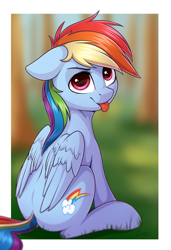 Size: 1211x1766 | Tagged: safe, artist:deltauraart, rainbow dash, pegasus, pony, :p, cute, dashabetes, female, floppy ears, folded wings, grass, head turn, looking at you, looking back, looking up, mare, mlem, silly, sitting, smiling, solo, tongue out, wings