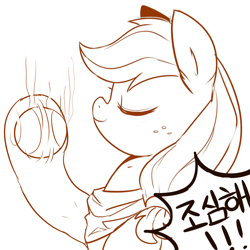 Size: 1600x1600 | Tagged: safe, artist:maren, derpibooru import, applejack, earth pony, pony, baseball, catching, eyes closed, grayscale, hoof hold, korean, monochrome, neckerchief, simple background, smiling, solo, sports, translated in the comments