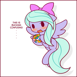 Size: 1125x1125 | Tagged: safe, artist:symbianl, part of a series, part of a set, flitter, pegasus, pony, blushing, bow, chibi, confused, cube, cute, dialogue, female, hair bow, mare, open mouth, rubik's cube, simple background, solo, symbianl's chibis, white background