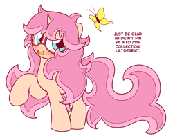 Size: 1500x1200 | Tagged: safe, artist:symbianl, oc, oc only, butterfly, pony, unicorn, blue eyes, blushing, dialogue, female, glasses, open mouth, pink hair, raised hoof, simple background, solo, white background