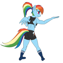 Size: 2500x2472 | Tagged: safe, artist:zapplebow, derpibooru import, rainbow dash, anthro, plantigrade anthro, clothes, feet, ponytail, socks, solo, taunting