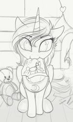 Size: 1152x1920 | Tagged: safe, artist:yakovlev-vad, derpibooru import, princess celestia, princess luna, alicorn, pony, drawing, filly, heart, monochrome, mouth hold, paper, solo, wip, woona