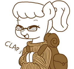 Size: 640x600 | Tagged: safe, artist:ficficponyfic, oc, oc only, oc:loupe, earth pony, pony, adult, backpack, clapping, clothes, colt quest, cute, cutie mark, female, glasses, happy, mare, monochrome, smiling, solo, story included, sweater