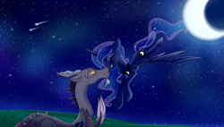 Size: 1600x908 | Tagged: dead source, safe, artist:magnaluna, derpibooru import, discord, princess luna, alicorn, pony, eyes closed, female, flying, lunacord, male, moon, night, nuzzling, shipping, shooting star, smiling, stars, straight