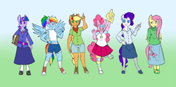 Size: 1157x576 | Tagged: safe, artist:metal-kitty, derpibooru import, applejack, fluttershy, pinkie pie, rainbow dash, rarity, twilight sparkle, twilight sparkle (alicorn), alicorn, anthro, unguligrade anthro, book, clothes, foam finger, line-up, mane six, pi