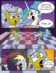 Size: 2550x3300 | Tagged: safe, artist:spacepig22, artist:squishy-and-squashy, artist:t-3000, derpy hooves, fluttershy, pinkie pie, princess celestia, rainbow dash, surprise, twilight sparkle, twilight sparkle (alicorn), oc, oc:mandopony, oc:squishy, alicorn, earth pony, ogre, pegasus, pony, unicorn, angst, cake, comic, dance floor, dancing, explosion, female, food, hug, mare, michael bay, shrek, sibsy