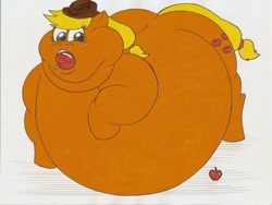 Size: 1280x965 | Tagged: safe, artist:robot001, applejack, earth pony, pony, apple, applefat, belly, double chin, fat, morbidly obese, obese, stuffing