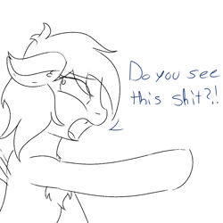 Size: 1024x1024 | Tagged: safe, artist:eclipsepenumbra, oc, oc only, oc:eclipse penumbra, bat pony, pony, chest fluff, fangs, pointing, reaction image, sketch, vulgar