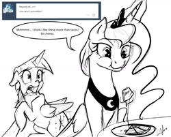 Size: 1280x1029 | Tagged: safe, artist:silfoe, derpibooru import, princess luna, twilight sparkle, twilight sparkle (alicorn), alicorn, pony, :t, eating, female, floppy ears, frown, grayscale, horrified, magic, mare, monochrome, open mouth, quesadilla, raised hoof, royal sketchbook, scared, sitting, smiling, telekinesis, they're just so cheesy, tumblr, wide eyes