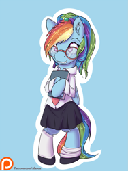 Size: 1125x1500 | Tagged: safe, artist:alasou, derpibooru import, rainbow dash, pegasus, pony, semi-anthro, adorkable, book, braces, clothes, cute, daaaaaaaaaaaw, dashabetes, dork, glasses, hnnng, nerd, patreon, patreon logo, rainbow dork, schoolgirl, skirt, smiling, socks, solo, standing