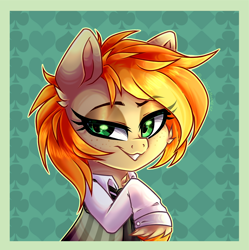 Size: 2764x2777 | Tagged: safe, artist:_spacemonkeyz_, oc, oc:parlay, earth pony, background, bust, clothes, colored hooves, necktie, shirt, smug, solo, unshorn fetlocks, vest