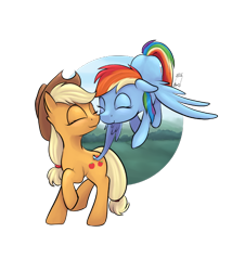 Size: 600x700 | Tagged: safe, artist:blastdown, applejack, rainbow dash, earth pony, pegasus, pony, appledash, butt touch, feathermarking, female, lesbian, mare, never doubt tchernobog's involvement, nuzzling, shipping