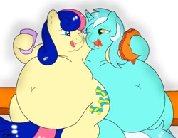 Size: 1200x932 | Tagged: safe, artist:bunearyk, bon bon, lyra heartstrings, sweetie drops, belly, belly button, bench, bon blob, fat, female, food, lard-ra heartstrings, lesbian, lyrabon, obese, shipping