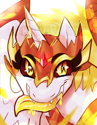 Size: 600x774 | Tagged: safe, artist:rayadra, daybreaker, alicorn, armor, drool, eyestrain warning, fire, looking at you, solo, tongue out