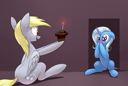 Size: 1748x1181 | Tagged: safe, artist:underpable, derpibooru import, derpy hooves, trixie, pegasus, pony, birthday, blushing, candle, female, mare, muffin