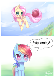 Size: 1060x1500 | Tagged: safe, artist:odaefnyo, fluttershy, rainbow dash, pegasus, pony, buckball season, blushing, cute, dashabetes, engrish, female, flutterdash, flying, lesbian, mare, misspelling, prehensile tail, shipping, shyabetes, smiling, sports, thought bubble